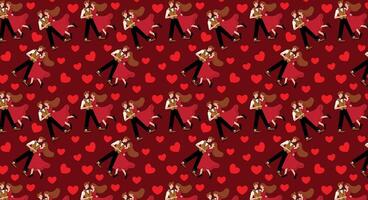 Valentine couple, dancing, with several hearts around them, pattern for designer backgrounds, repeat, background in red tones. vector