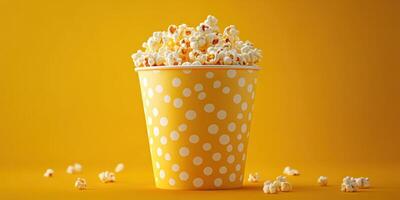 Popcorn in a yellow cup with polka dots on a vibrant background for snacks and movie nights photo