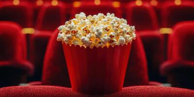 Freshly popped popcorn sits in a red container in a movie theater ready for an evening film experience photo