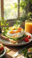 Delicious breakfast featuring poached eggs on avocado toast with fresh fruits and juice in a cozy setting photo