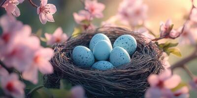 Nest with blue speckled eggs surrounded by blooming flowers in a tranquil garden during springtime photo