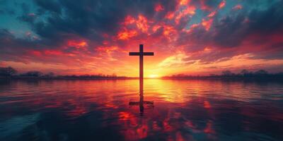 Sunset over calm water with a cross silhouetted against vibrant clouds and warm hues photo