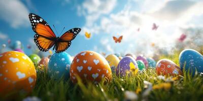 Colorful Easter eggs and butterflies in a sunlit meadow during spring celebration photo