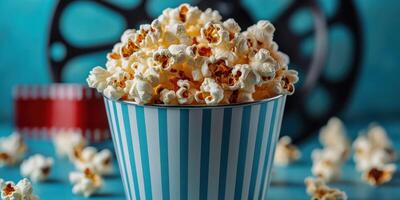 Giant bucket of popcorn is ready for movie night with film reels and scattered film strips in the background photo