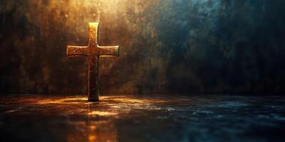 Golden cross illuminated in a moody atmosphere with textured background and warm glow at nighttime photo