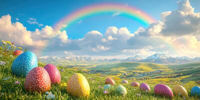 Colorful Easter eggs scattered across a vibrant spring landscape with a rainbow in the background photo