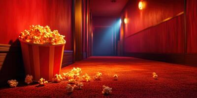 Popcorn scattered in a red carpeted hallway with dramatic lighting in a cinema setting photo