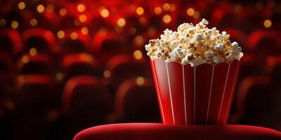 Enjoying a fresh bucket of popcorn in a cozy movie theater during a weekend evening show with friends photo