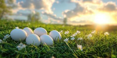 White eggs resting on vibrant green grass with small flowers under a bright sunrise sky in a serene landscape photo