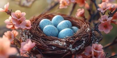 Nest with Blue Eggs Under Blossoming Pink Flowers in a Tranquil Spring Setting photo