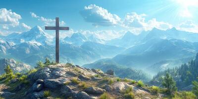 Wooden cross stands atop rocky hill with expansive mountain views under bright blue sky and fluffy clouds in mid-morning light photo