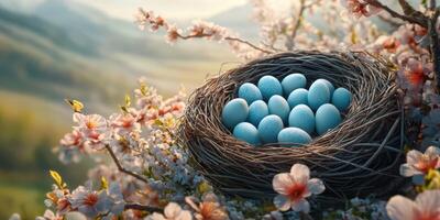 Nest filled with blue eggs nestled among blooming cherry blossoms in a serene landscape at sunrise photo