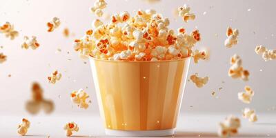 Popcorn overflowing from a yellow container on a light background, creating a playful and lively atmosphere at a movie night gathering photo