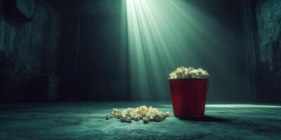 Popcorn sits in a red bucket with scattered kernels on the floor illuminated by rays of light in a dark room photo