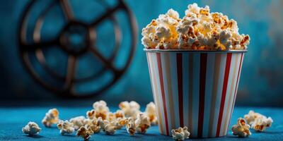 Freshly popped popcorn in a striped container with a film reel in the background for a movie night experience photo