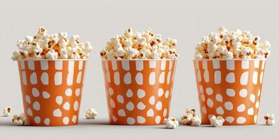 Colorful popcorn buckets filled with fluffy popcorn on a neutral background ready for snacking photo