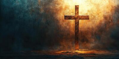 Rusty cross illuminated by a dramatic light in a dark setting creates a powerful atmosphere of reflection and contemplation photo