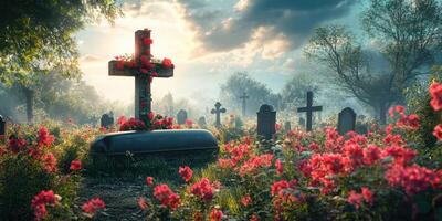 Peaceful cemetery with vibrant flowers and a stone cross under a cloudy sky during sunset photo