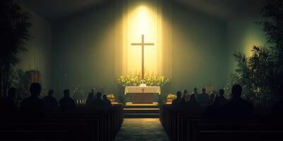 Reflection and reverence during a solemn gathering in a dimly lit chapel with a prominent cross and altar adorned with flowers photo