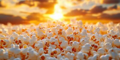 Popcorn kernels blanket the ground as the sun sets, creating a surreal landscape filled with light and warmth photo