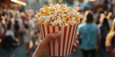 Hand holding a container of popcorn at a bustling festival during sunset with crowds in the background photo
