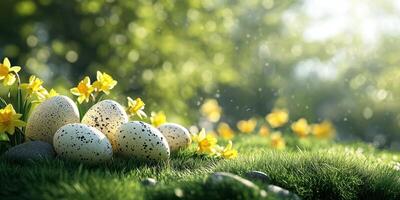 Colorful Easter eggs nestled among blooming daffodils in a sunlit garden photo