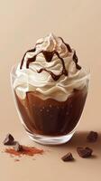Delicious creamy dessert topped with chocolate sauce and whipped cream photo