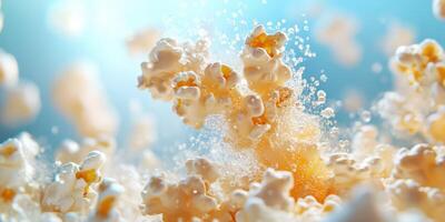 Popcorn kernels bursting in an explosion of flavor and texture captured in bright light and clear water droplets photo