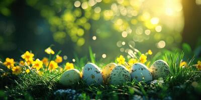 primavera huevos anidado en vibrante flores debajo dorado luz de sol en un sereno natural ajuste foto