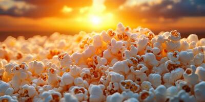 Mounds of popcorn glistening in golden sunlight at dusk above a scenic landscape photo