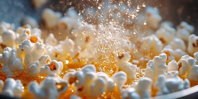 Hot popcorn bursts in a pot as oil heats up and kernels pop in the kitchen in early evening light photo