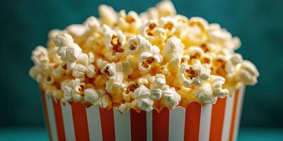 Freshly popped popcorn in a striped container ready for movie night at home in a cozy setting photo