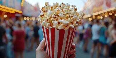 Hand holding a large bucket of popcorn at a vibrant fairground during a summer evening festival photo