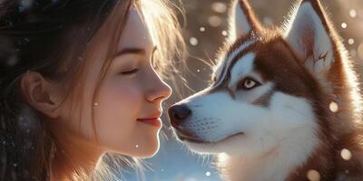 Young woman and brown and white husky share a quiet moment in soft snowfall in a winter landscape during the afternoon photo