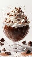 Indulgent chocolate dessert with whipped cream and chocolate shavings in a glass bowl on a white background photo