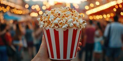 Enjoying freshly made popcorn at an outdoor festival filled with lights and excitement during the evening hours photo