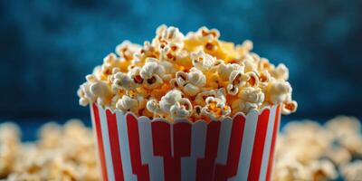Popcorn in a striped container with scattered kernels against a blue background during a movie night photo