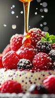Indulging in a delicious dessert topped with fresh berries and drizzled honey photo