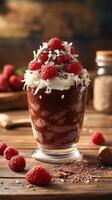 Delicious chocolate dessert topped with whipped cream, fresh raspberries, and chocolate shavings in a cozy setting photo