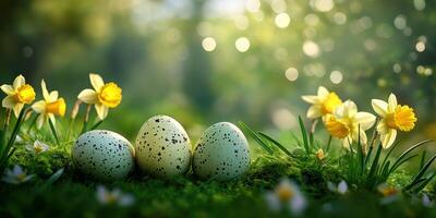 Eggs nestled among vibrant daffodils in a tranquil green garden at dawn photo