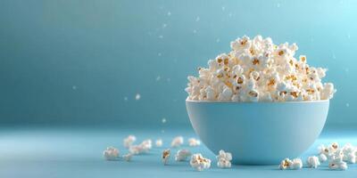 Large bowl of fluffy popcorn against a blue background with scattered kernels creating a fun snack atmosphere photo