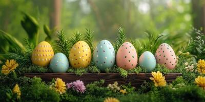 Colorful decorated Easter eggs displayed on a wooden log among green foliage and flowers in a serene garden setting photo