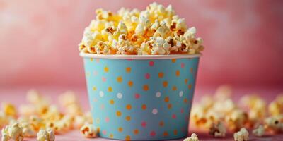 Freshly popped popcorn in a colorful cup with polka dots on a pink background for a fun snack time photo