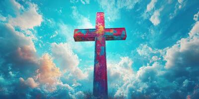 Colorful cross stands tall against a vibrant sky filled with clouds at sunset in a tranquil outdoor setting photo