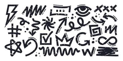 Hand drawn symbol set with abstract geometric shapes and brush strokes with a distressed effect vector