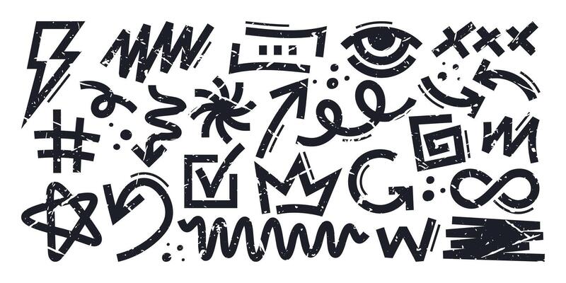 Hand drawn symbol set with abstract geometric shapes and brush strokes with a distressed effect