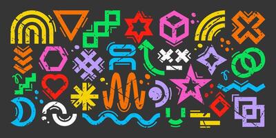 Abstract geometric shapes are colorful design elements in grunge style. Bold marker brushes have drawn various elements for templates and collages. vector
