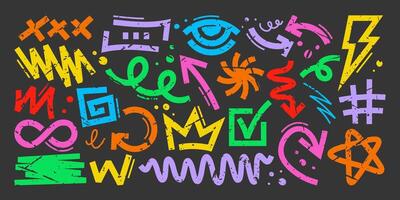 Set of abstract graffiti symbols on dark background vector