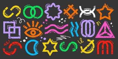 Colorful abstract and geometric shapes on a dark background with grunge texture vector