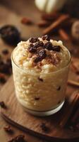 Creamy rice pudding topped with raisins, cinnamon, and a touch of spice in a cozy setting photo